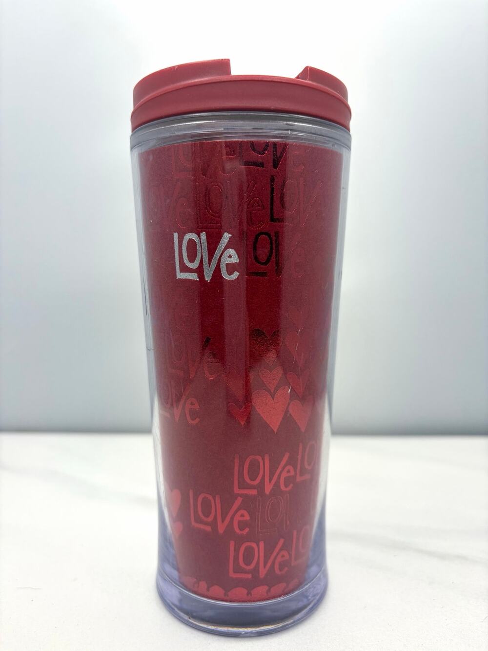 LOVE 2010 Starbucks Travel Tumbler Metallic Love Hearts Red Mug Insulated